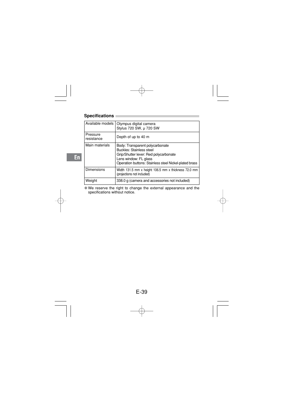 Specifications, E-39 | Olympus PT 033 User Manual | Page 40 / 44