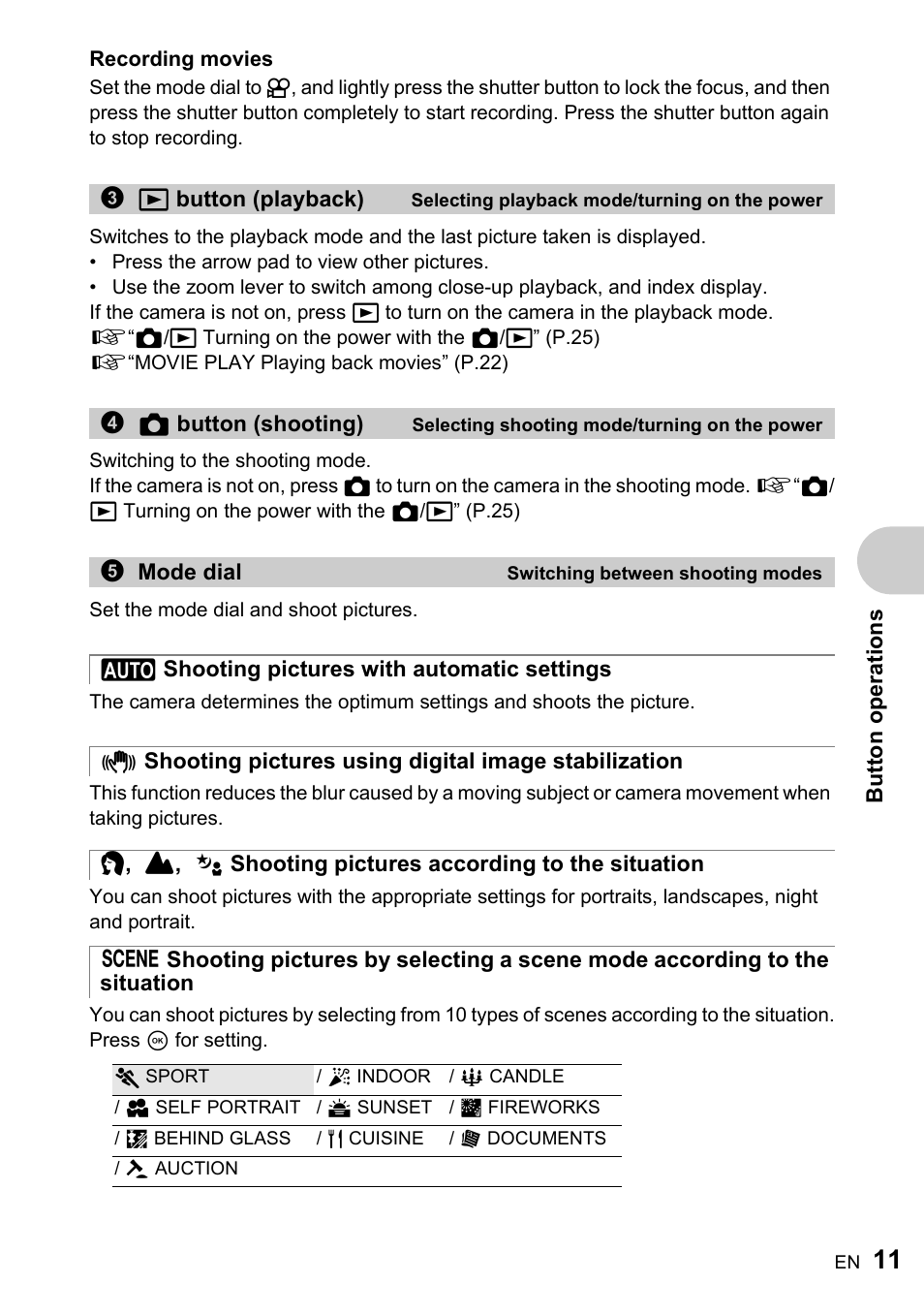 Selecting playback mode/turning on the power, Selecting shooting mode/turning on the power, Switching between shooting modes | Shooting pictures with automatic settings, Shooting pictures according to the situation | Olympus ADVANCED MANUAL FE-200 User Manual | Page 11 / 78