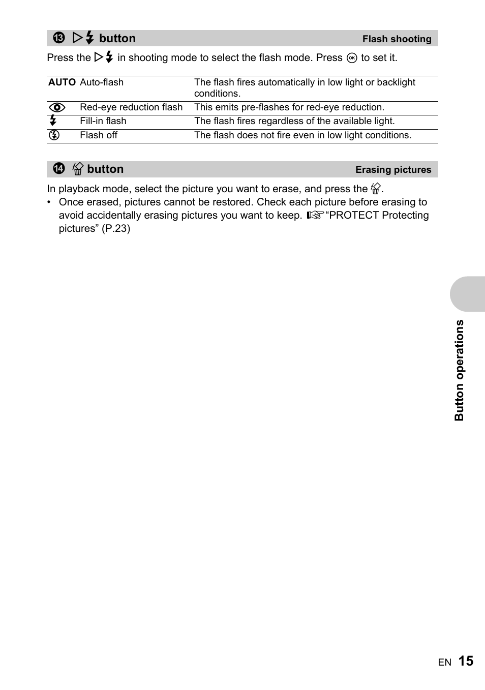 Flash shooting, Erasing pictures | Olympus ADVANCED MANUAL FE-200 User Manual | Page 15 / 78