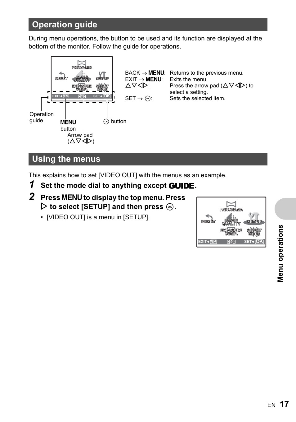Operation guide, Using the menus, Operation guide using the menus | Me nu operati o ns, Set the mode dial to anything except g, Video out] is a menu in [setup | Olympus ADVANCED MANUAL FE-200 User Manual | Page 17 / 78