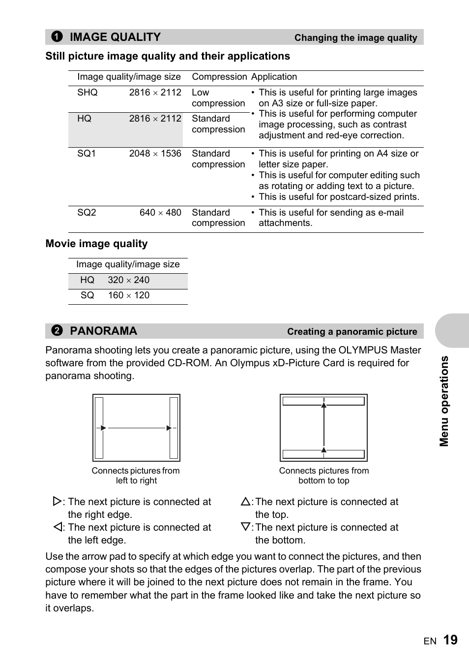 Changing the image quality, Creating a panoramic picture | Olympus ADVANCED MANUAL FE-200 User Manual | Page 19 / 78