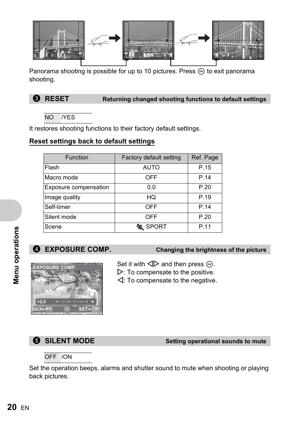 Changing the brightness of the picture, Setting operational sounds to mute, Me nu operati o ns | 3reset, 4exposure comp, 5silent mode | Olympus ADVANCED MANUAL FE-200 User Manual | Page 20 / 78