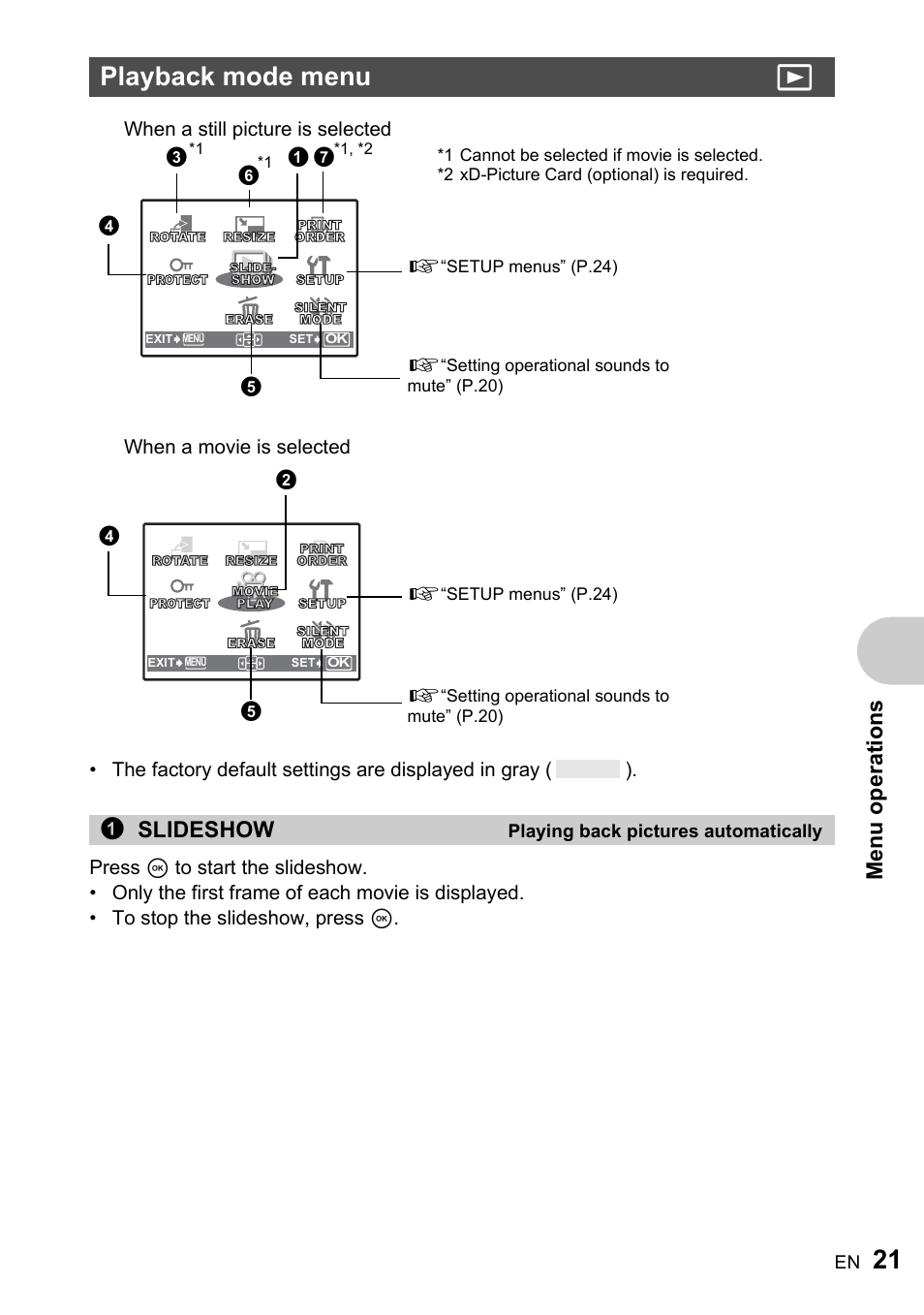Playback mode menu, Playing back pictures automatically, Playback mode menu q | Me nu operati o ns, 1slideshow | Olympus ADVANCED MANUAL FE-200 User Manual | Page 21 / 78