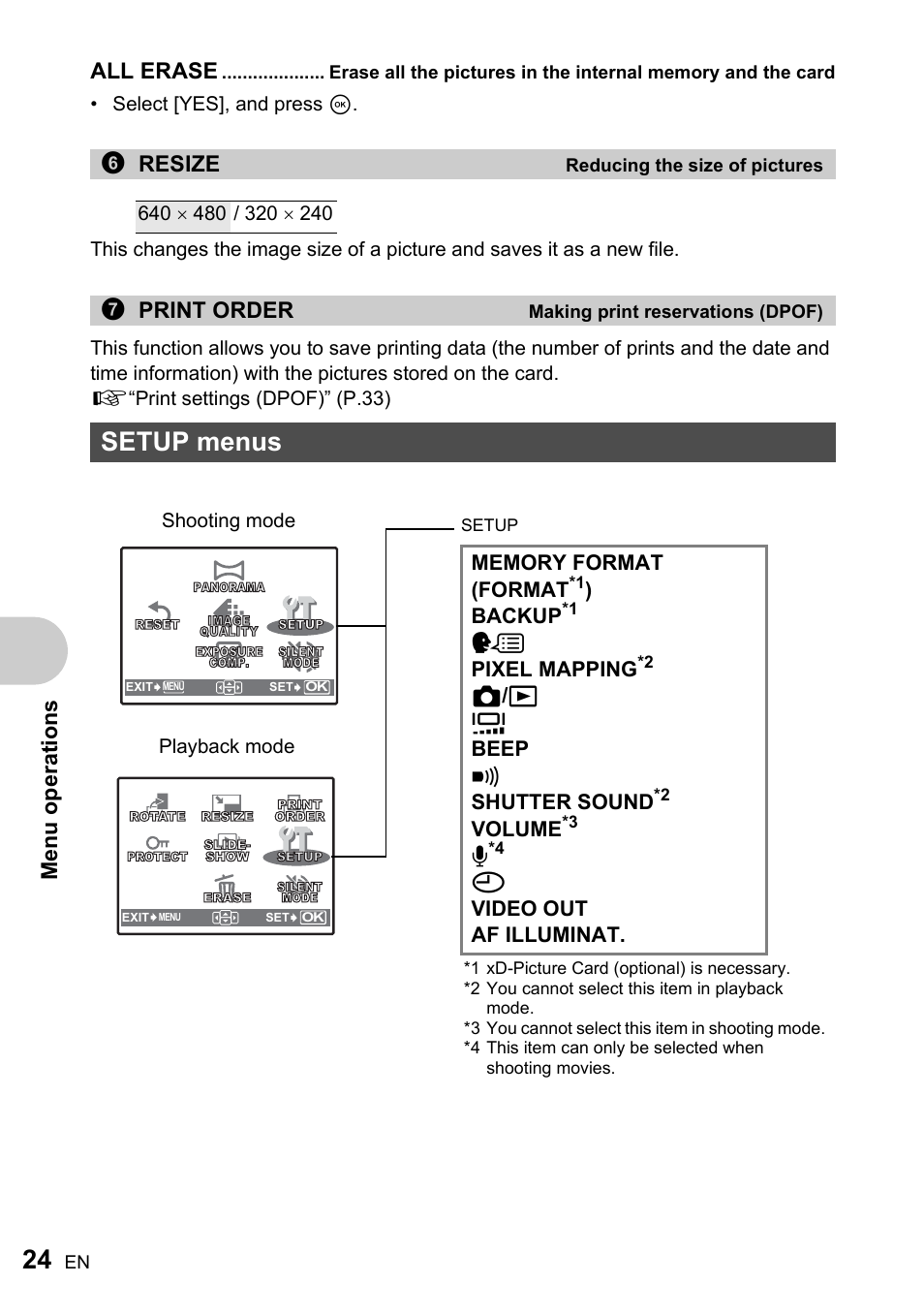 Reducing the size of pictures, Making print reservations (dpof), Setup menus | G“setup menus” (p.24), Me nu operati o ns, All erase, 6resize, 7print order, Backup, W pixel mapping | Olympus ADVANCED MANUAL FE-200 User Manual | Page 24 / 78