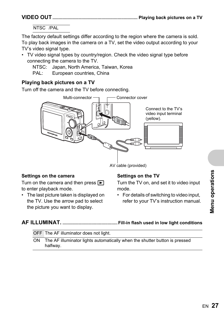 Playing back pictures on a tv, Fill-in flash used in low light conditions | Olympus ADVANCED MANUAL FE-200 User Manual | Page 27 / 78