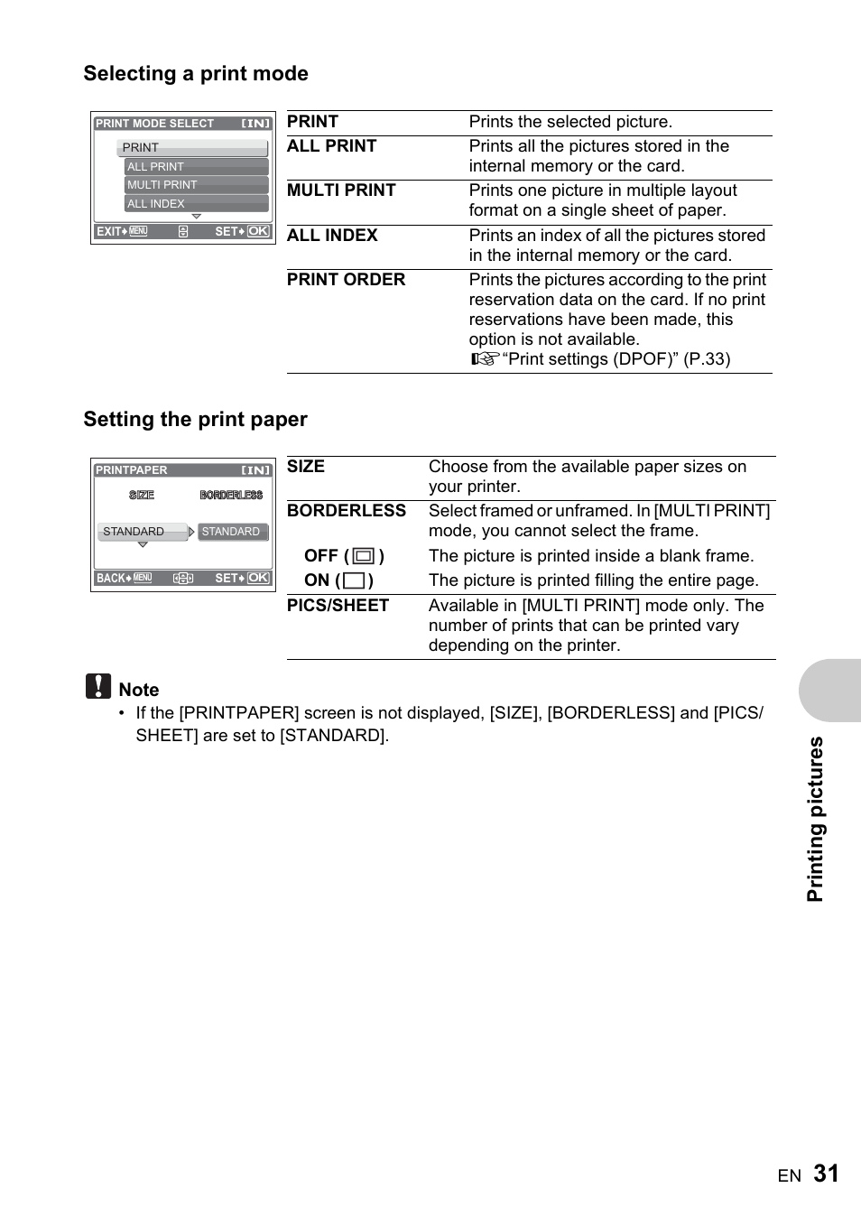 Prin ti ng p ictur es, Selecting a print mode setting the print paper | Olympus ADVANCED MANUAL FE-200 User Manual | Page 31 / 78