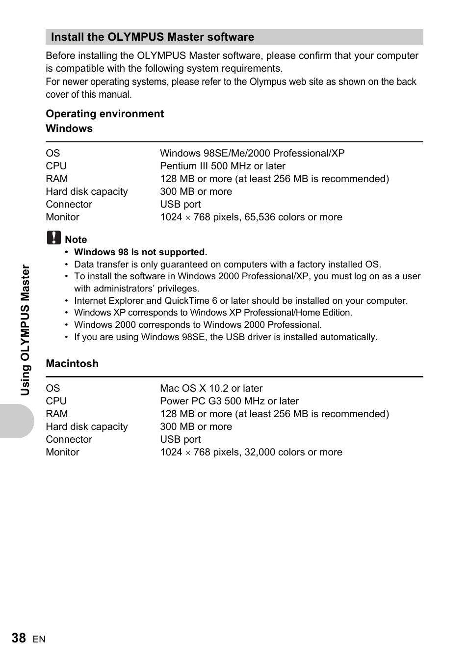 Install the olympus master software, Gp.38 | Olympus ADVANCED MANUAL FE-200 User Manual | Page 38 / 78