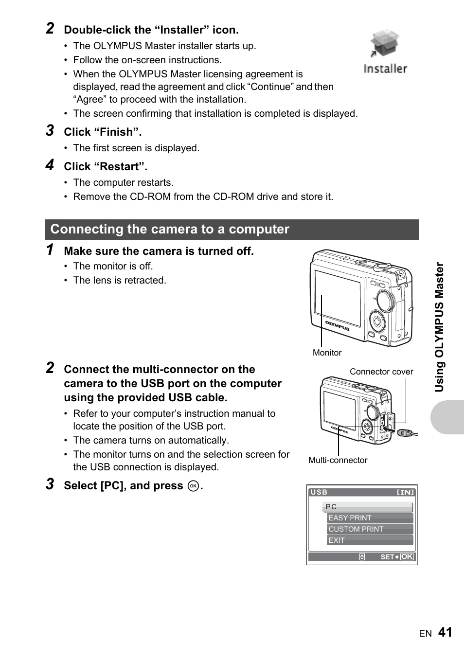 Connecting the camera to a computer, Gp.41 | Olympus ADVANCED MANUAL FE-200 User Manual | Page 41 / 78