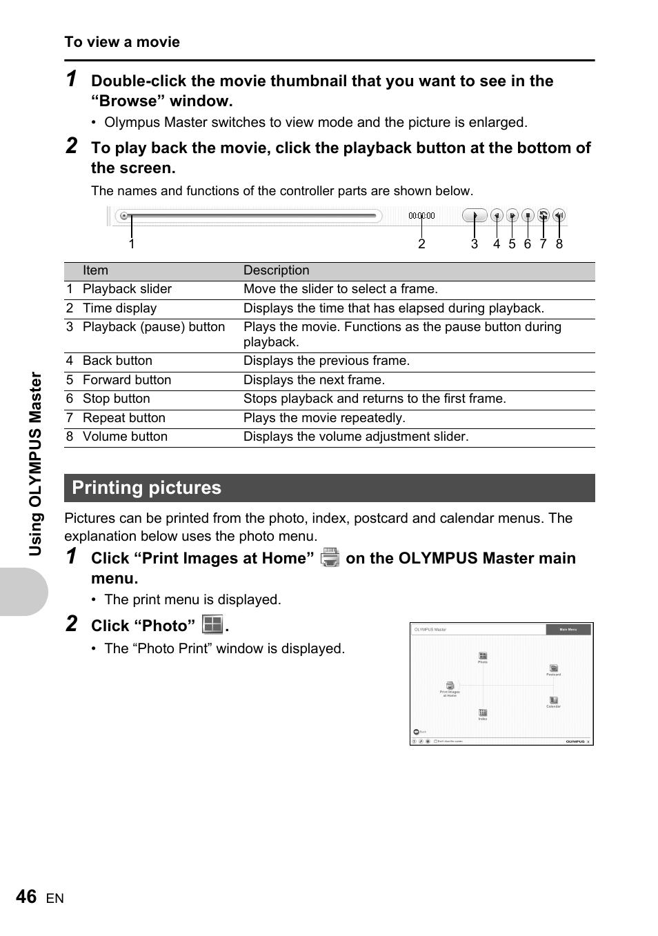 Printing pictures | Olympus ADVANCED MANUAL FE-200 User Manual | Page 46 / 78