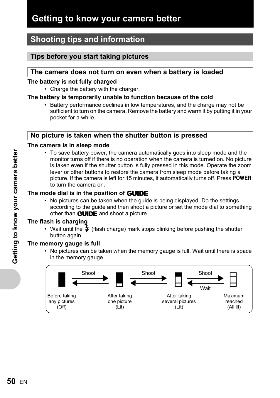 Getting to know your camera better, Shooting tips and information, Tips before you start taking pictures | P.50, Ab c d | Olympus ADVANCED MANUAL FE-200 User Manual | Page 50 / 78