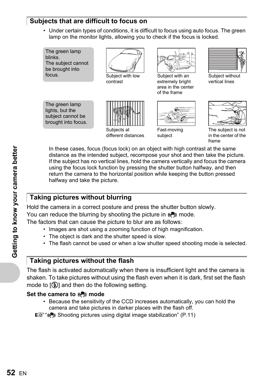 Subjects that are difficult to focus on, Taking pictures without blurring, Taking pictures without the flash | Olympus ADVANCED MANUAL FE-200 User Manual | Page 52 / 78