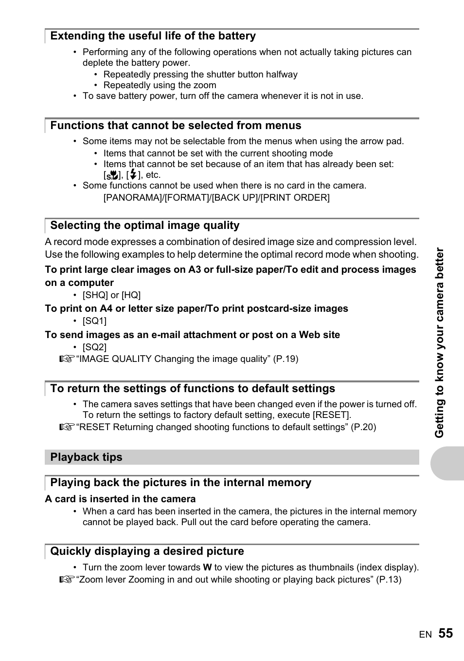 Extending the useful life of the battery, Functions that cannot be selected from menus, Selecting the optimal image quality | Playback tips, Playing back the pictures in the internal memory, Quickly displaying a desired picture | Olympus ADVANCED MANUAL FE-200 User Manual | Page 55 / 78