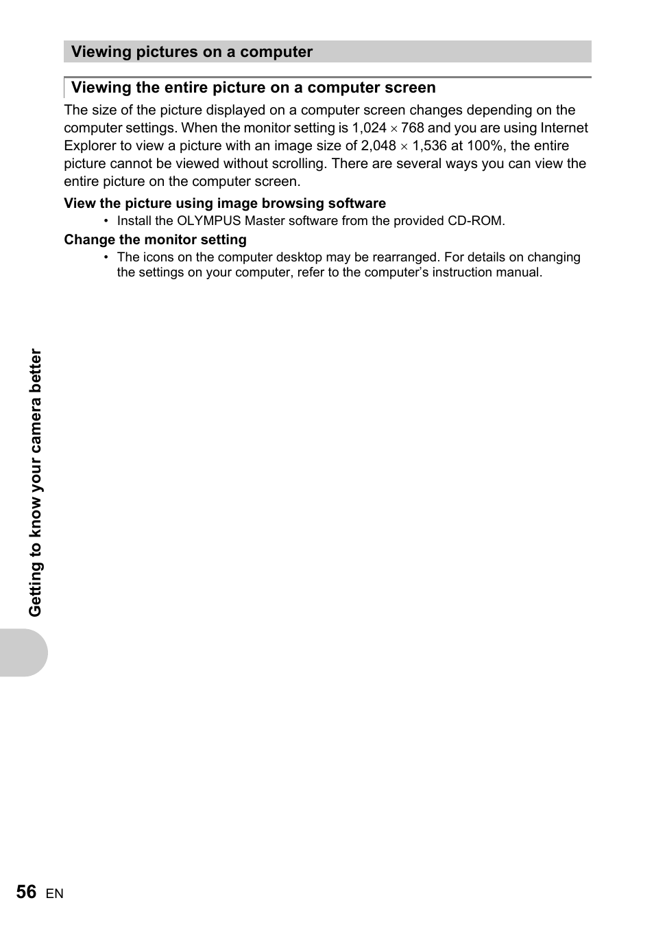 Viewing pictures on a computer, Viewing the entire picture on a computer screen | Olympus ADVANCED MANUAL FE-200 User Manual | Page 56 / 78