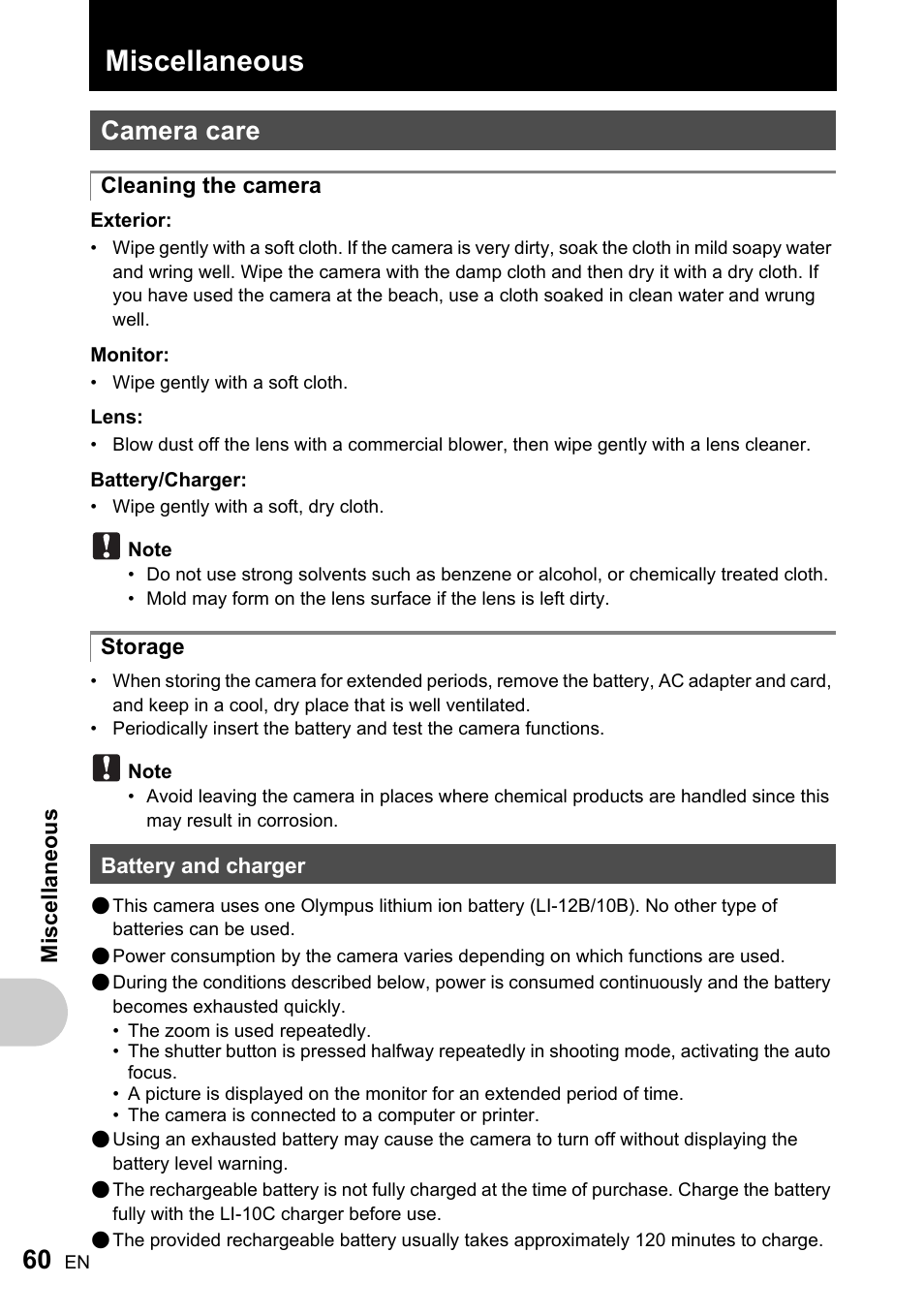 Miscellaneous, Camera care, Battery and charger | P.60 | Olympus ADVANCED MANUAL FE-200 User Manual | Page 60 / 78