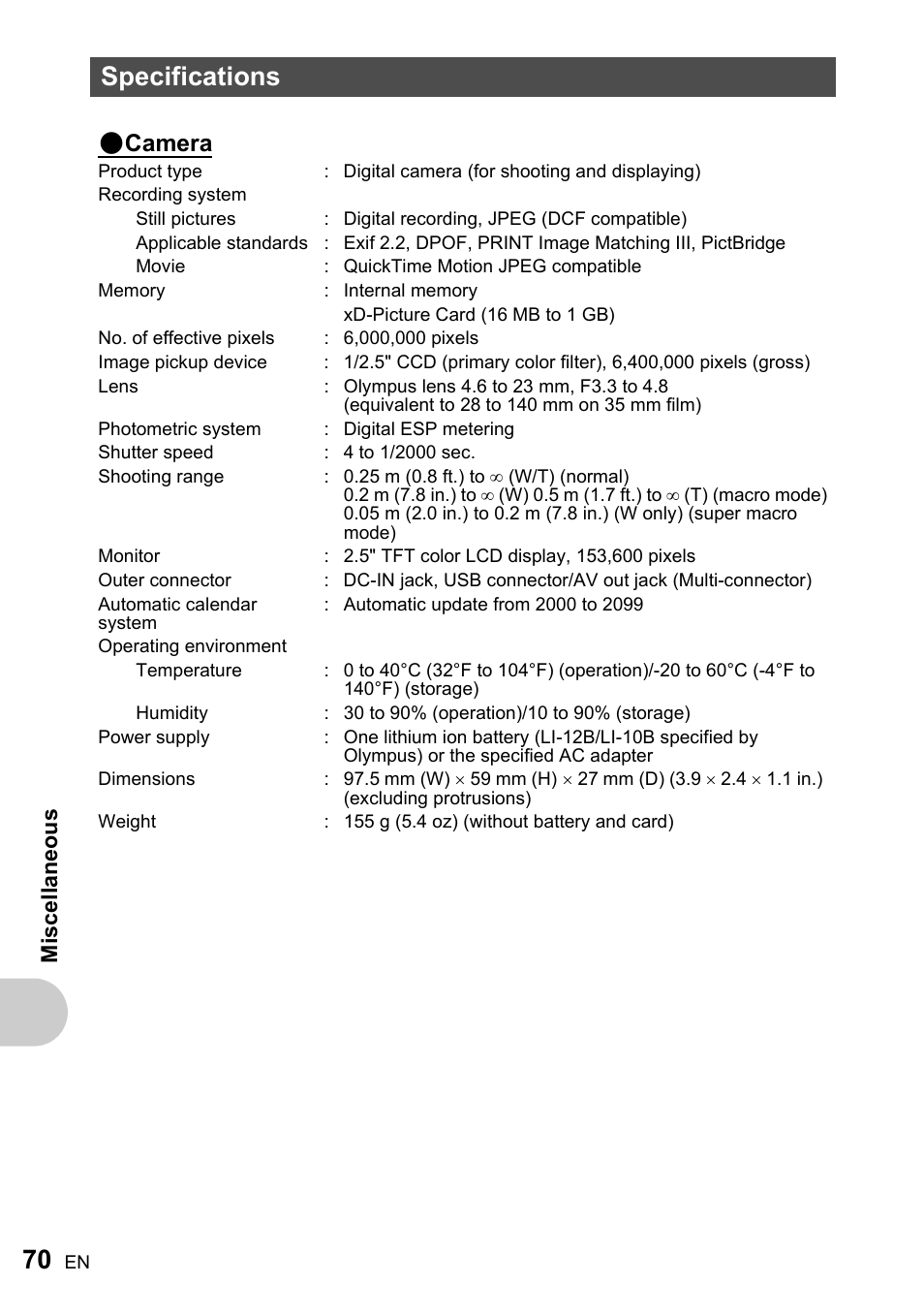 Specifications, Camera | Olympus ADVANCED MANUAL FE-200 User Manual | Page 70 / 78