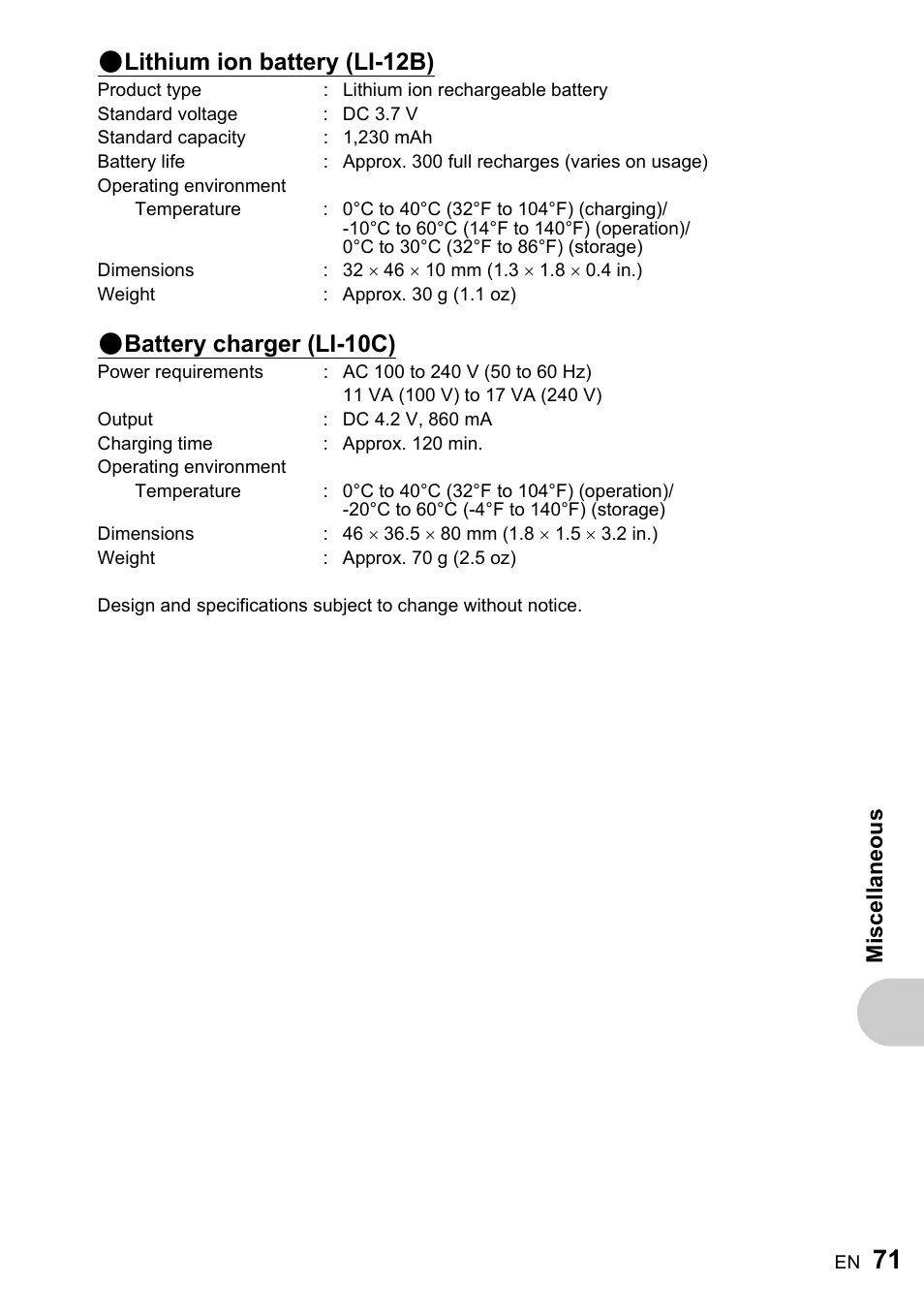 Lithium ion battery (li-12b), Battery charger (li-10c) | Olympus ADVANCED MANUAL FE-200 User Manual | Page 71 / 78