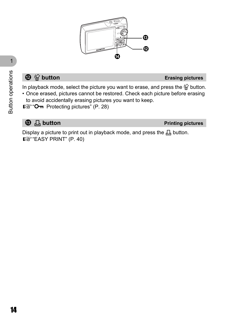 Erasing pictures, Printing pictures | Olympus M 710 User Manual | Page 14 / 86