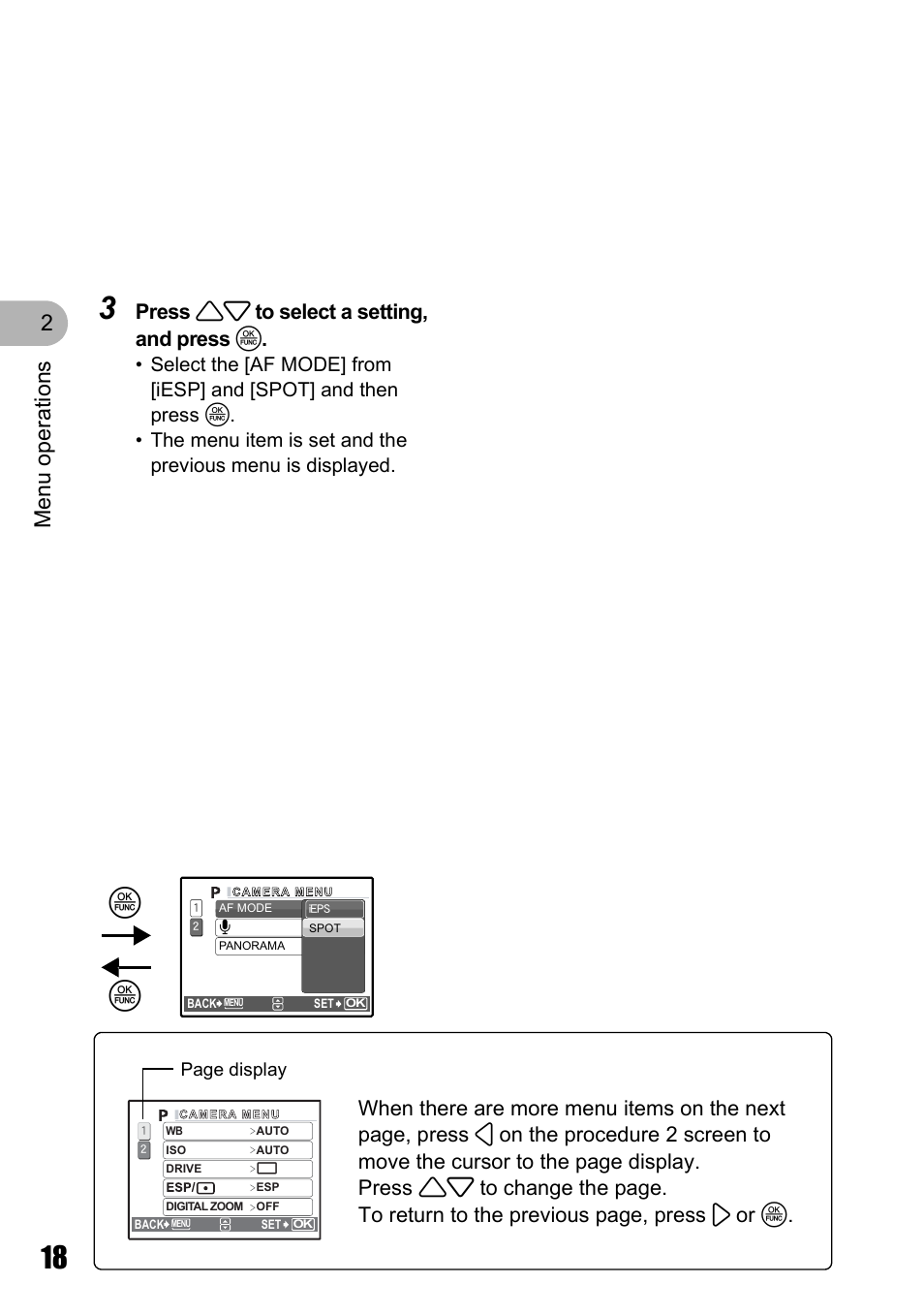 Menu o perat ion s 2, Press 12 to select a setting, and press o | Olympus M 710 User Manual | Page 18 / 86