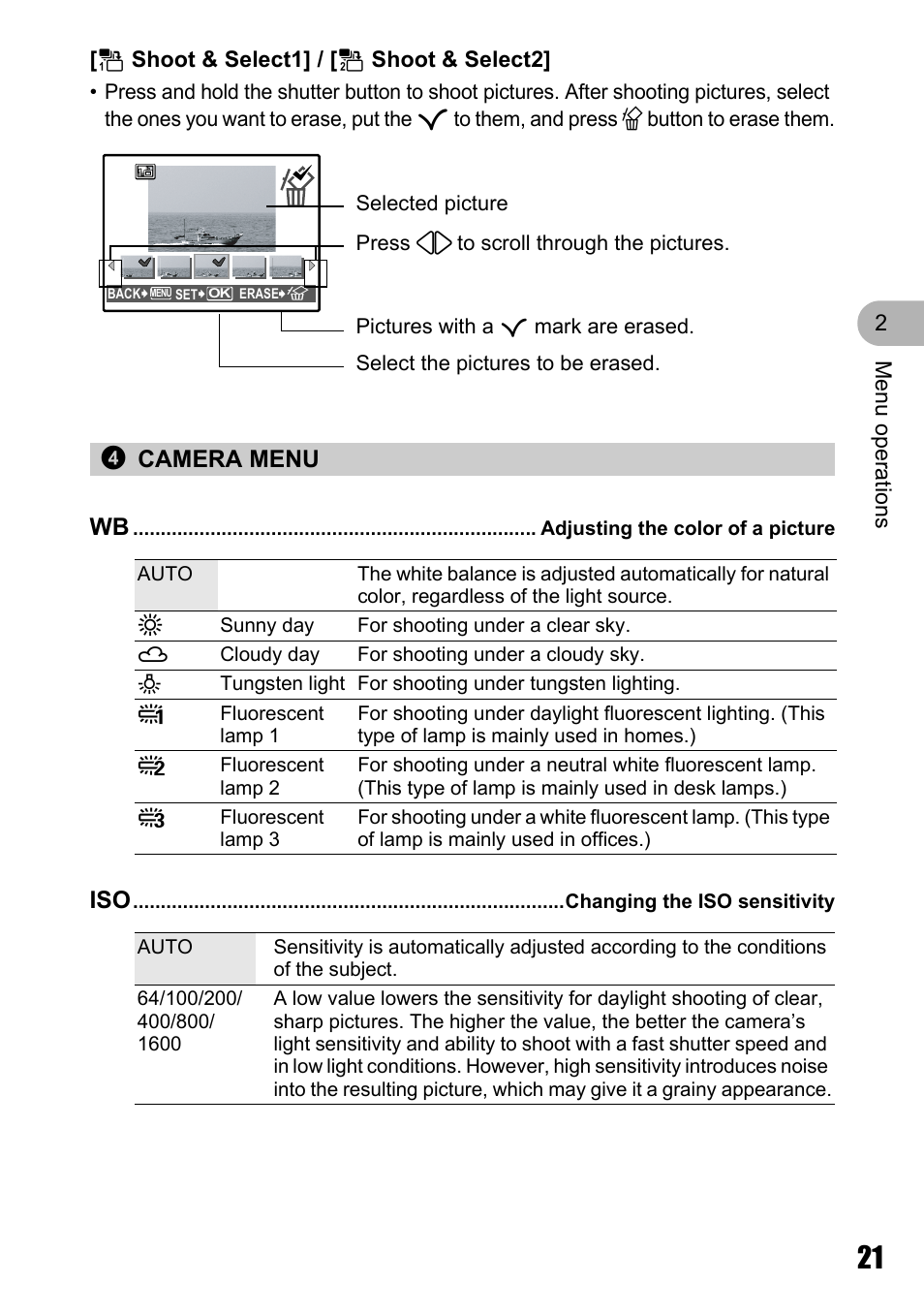 Camera menu, Adjusting the color of a picture, Changing the iso sensitivity | Wb adjusting the color of a picture” (p. 21), Iso changing the iso sensitivity” (p. 21), P. 21, 4camera menu wb | Olympus M 710 User Manual | Page 21 / 86