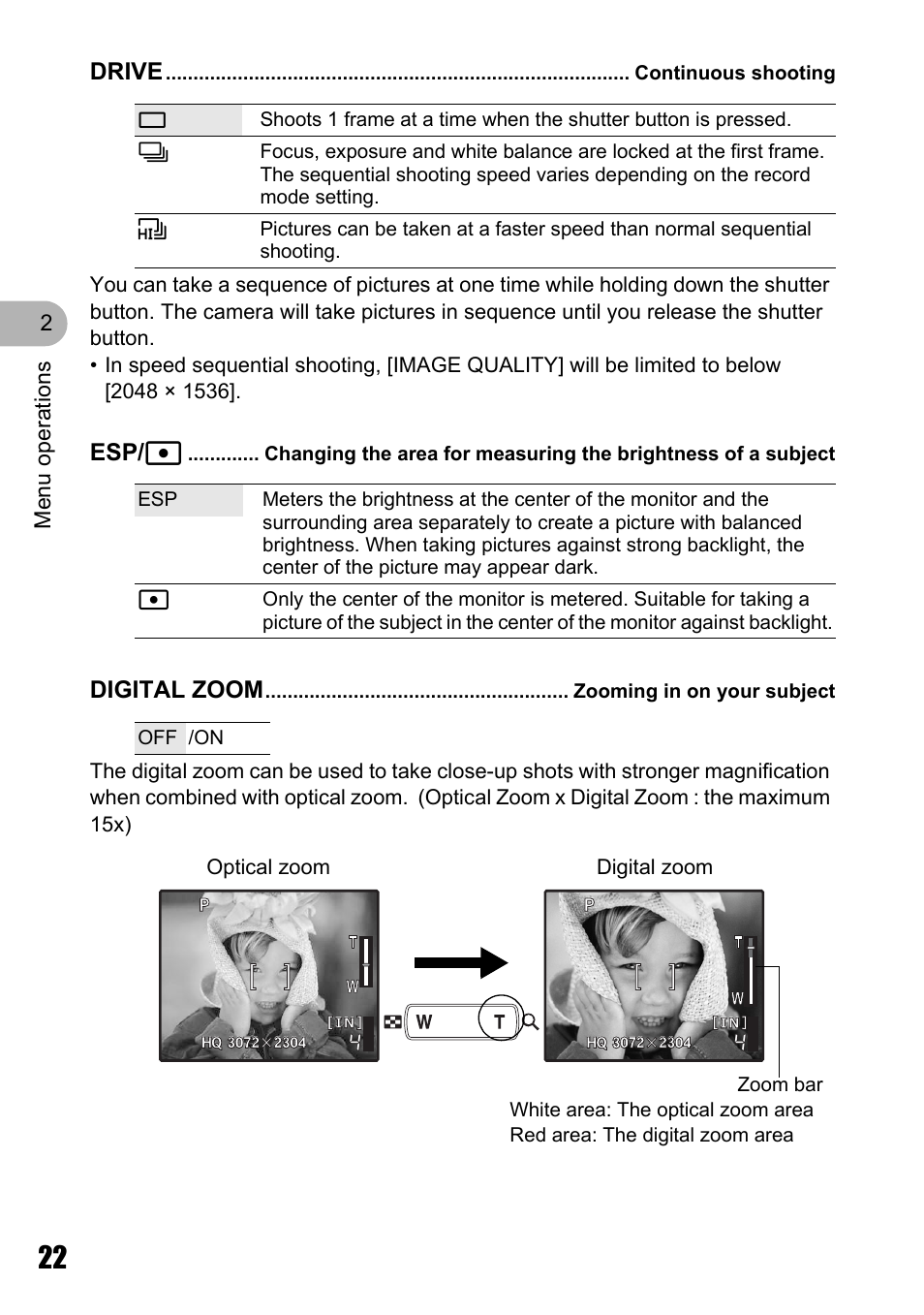 Continuous shooting, Zooming in on your subject, P. 22 | Drive, Esp/ n, Digital zoom | Olympus M 710 User Manual | Page 22 / 86