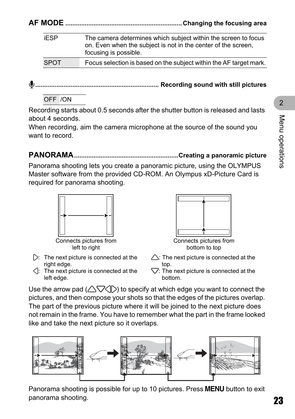 Changing the focusing area, Recording sound with still pictures, Creating a panoramic picture | P. 23 | Olympus M 710 User Manual | Page 23 / 86