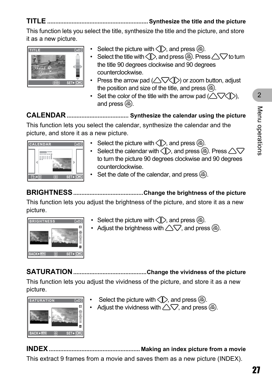 Synthesize the title and the picture, Synthesize the calendar using the picture, Change the brightness of the picture | Change the vividness of the picture, Making an index picture from a movie, Title, Calendar, Brightness, Saturation, Index | Olympus M 710 User Manual | Page 27 / 86