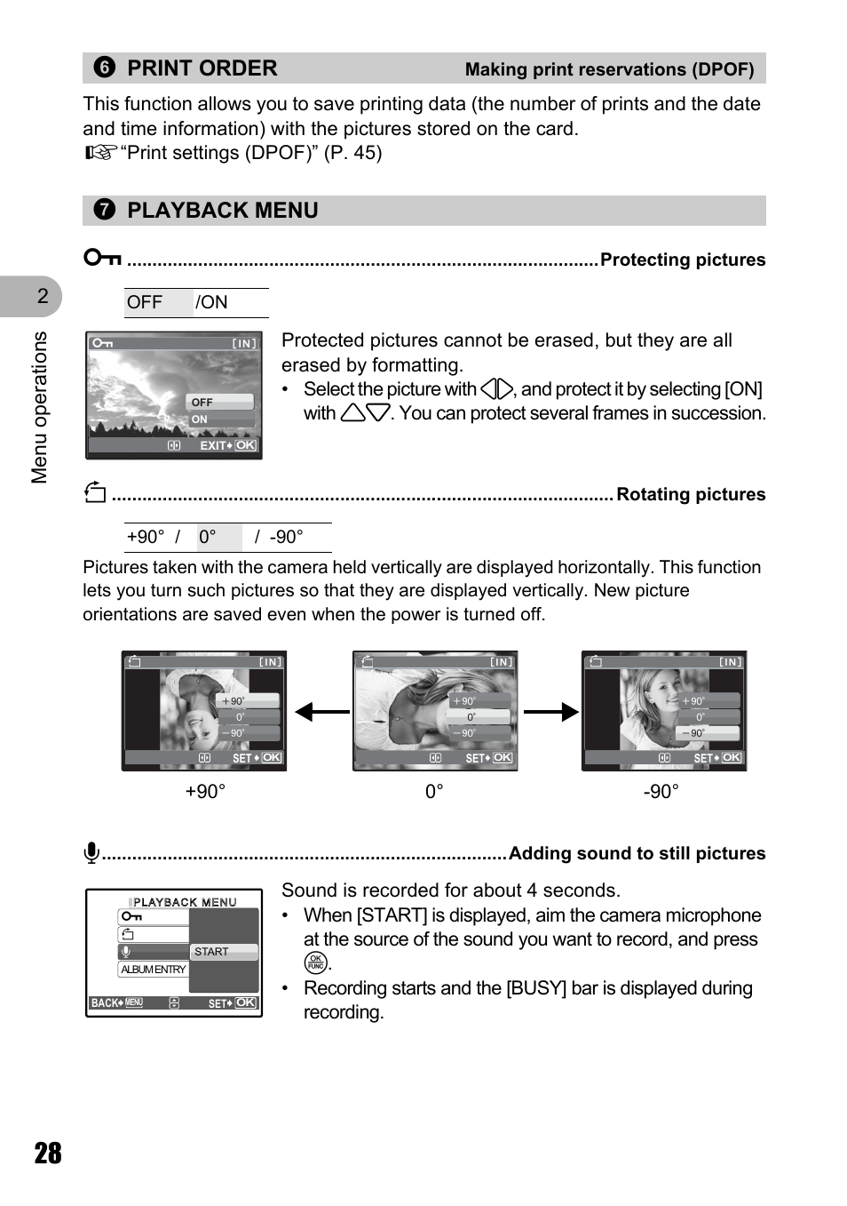 Making print reservations (dpof), Playback menu, Protecting pictures | Rotating pictures, Adding sound to still pictures, 6print order, 7playback menu 0, Menu o perat ion s 2 | Olympus M 710 User Manual | Page 28 / 86