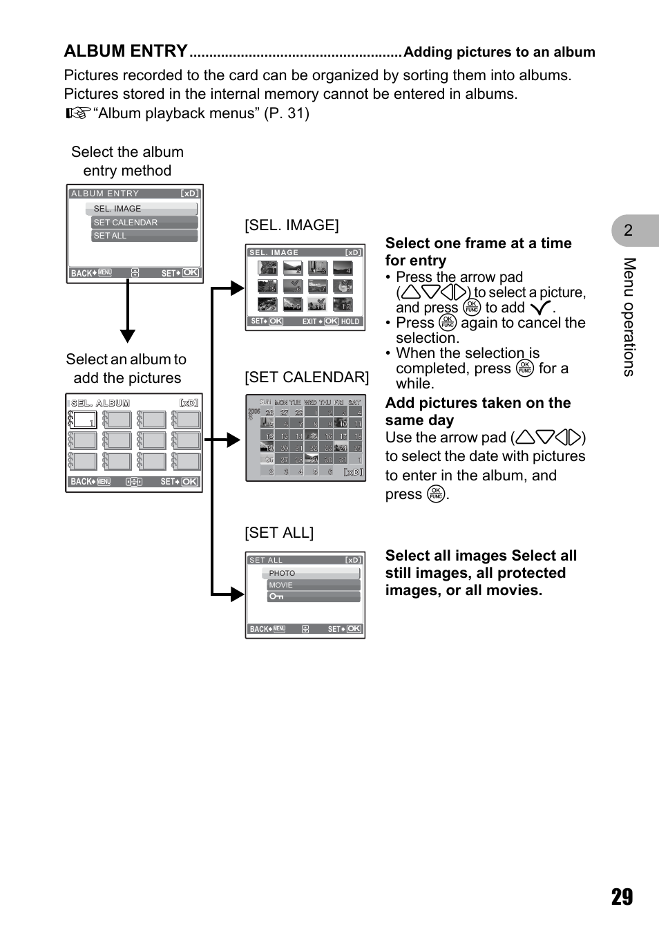 Adding pictures to an album, Album entry, Men u o perat io ns 2 | Olympus M 710 User Manual | Page 29 / 86