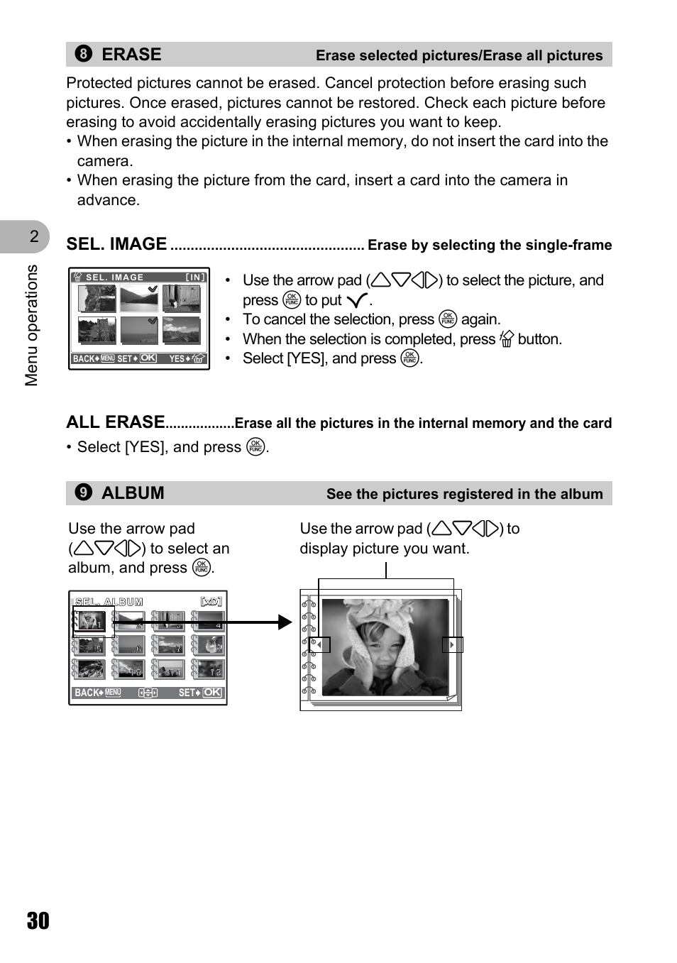 Erase selected pictures/erase all pictures, Erase by selecting the single-frame, See the pictures registered in the album | 8erase, Sel. image, All erase, 9album, Menu o perat ion s 2 | Olympus M 710 User Manual | Page 30 / 86