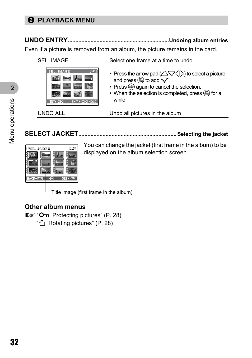 Playback menu, Undoing album entries, Selecting the jacket | Other album menus, 2playback menu undo entry, Select jacket, Menu o perat ion s 2, Title image (first frame in the album) | Olympus M 710 User Manual | Page 32 / 86