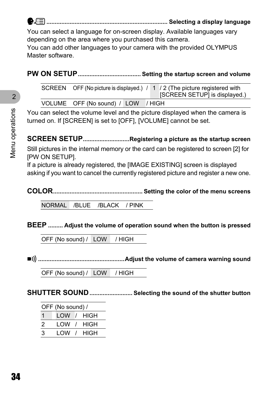 Selecting a display language, Setting the startup screen and volume, Registering a picture as the startup screen | Setting the color of the menu screens, Adjust the volume of camera warning sound, Selecting the sound of the shutter button | Olympus M 710 User Manual | Page 34 / 86