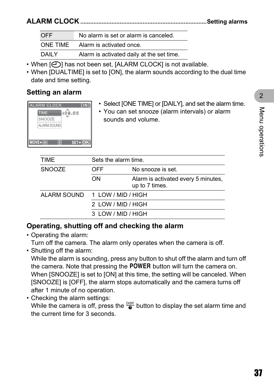 Setting alarms, Setting an alarm, Operating, shutting off and checking the alarm | Alarm clock | Olympus M 710 User Manual | Page 37 / 86