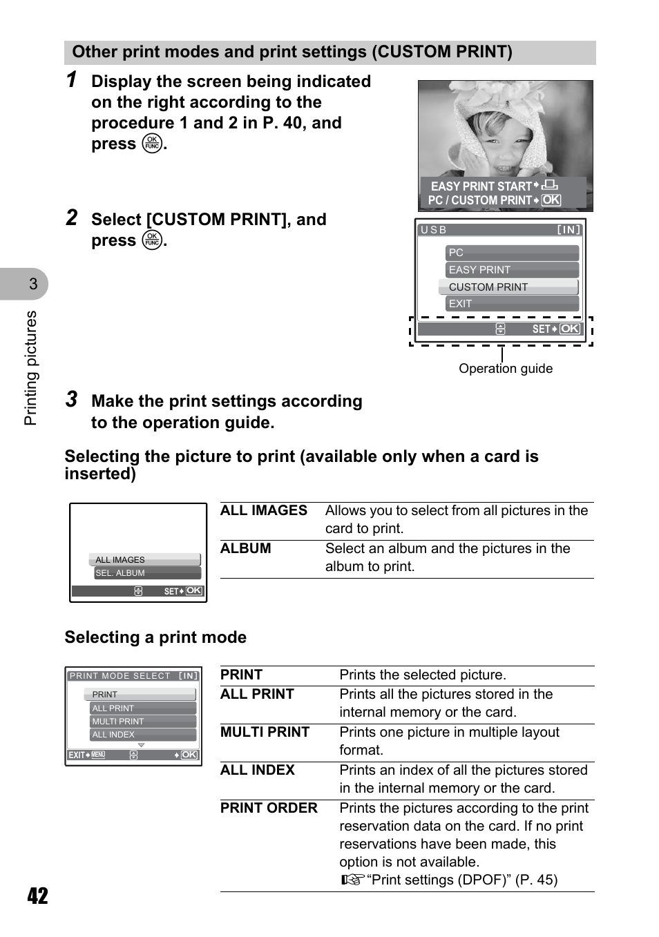 Select [custom print], and press o | Olympus M 710 User Manual | Page 42 / 86