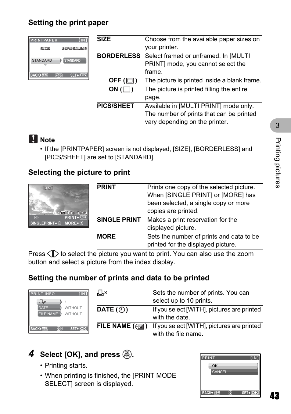 Select [ok], and press o, Pri n ting pi ct ures 3 | Olympus M 710 User Manual | Page 43 / 86