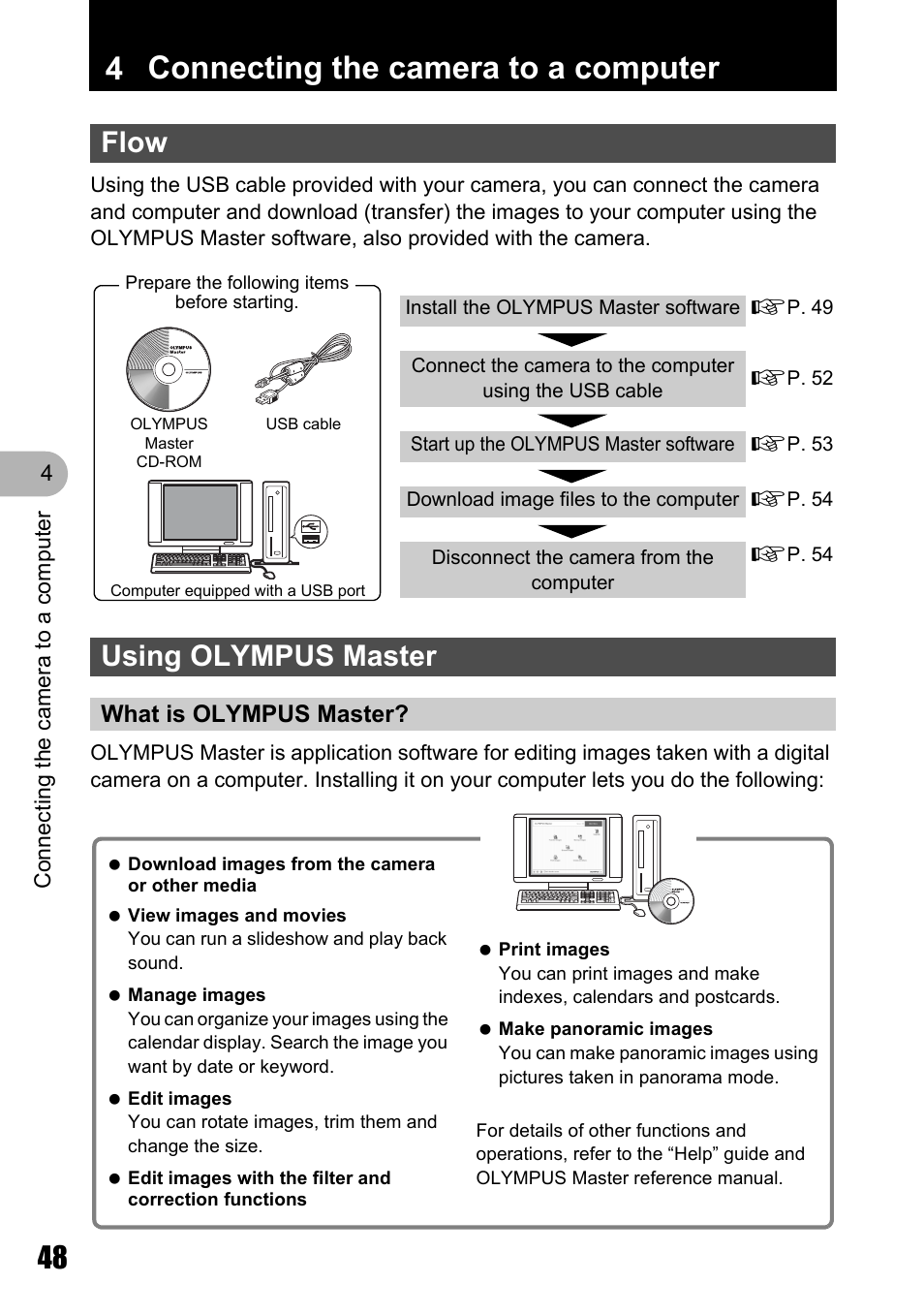 Connecting the camera to a computer, Flow, Using olympus master | What is olympus master, 4 connecting the camera to a computer | Olympus M 710 User Manual | Page 48 / 86