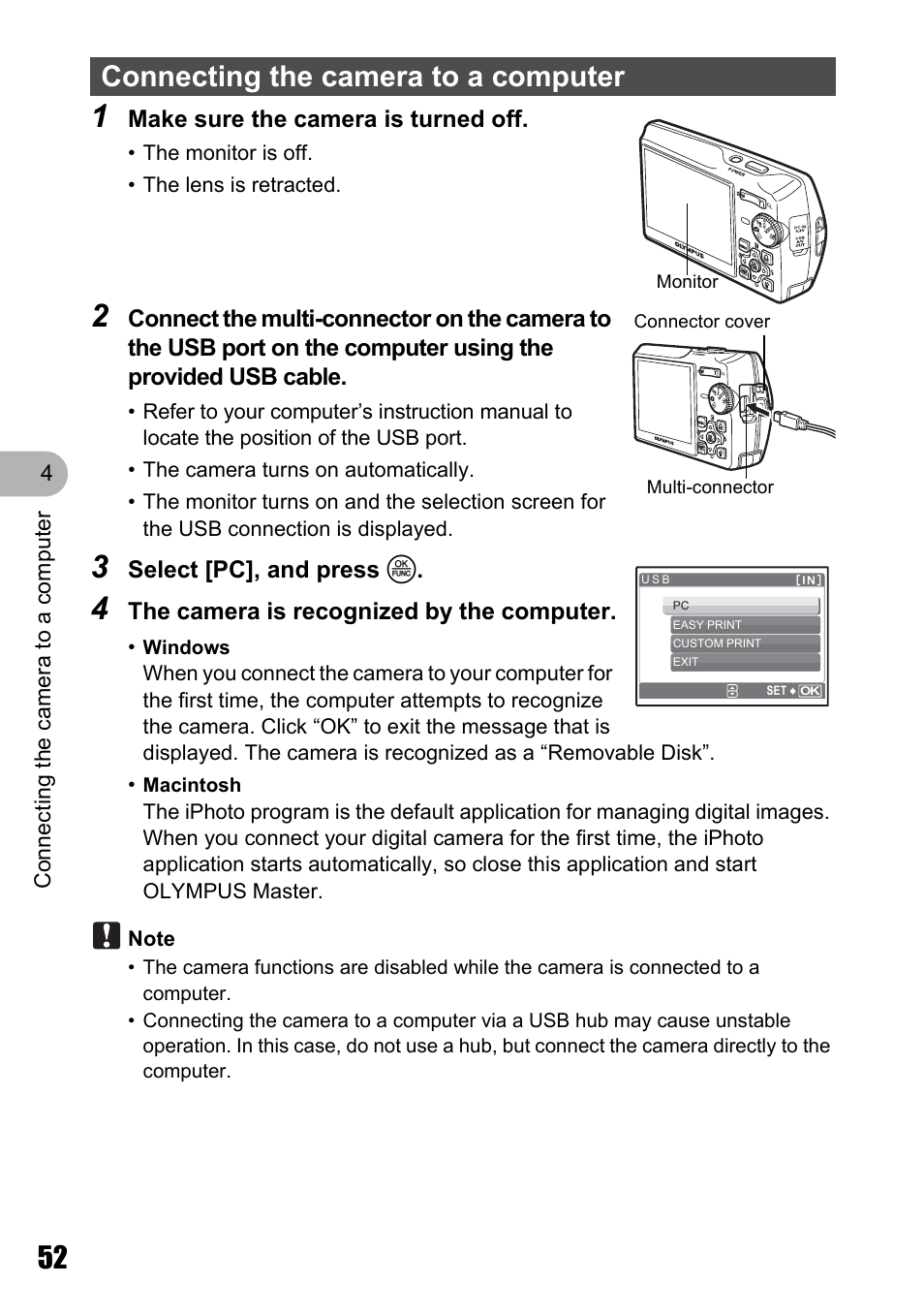 Connecting the camera to a computer, Gp. 52 | Olympus M 710 User Manual | Page 52 / 86