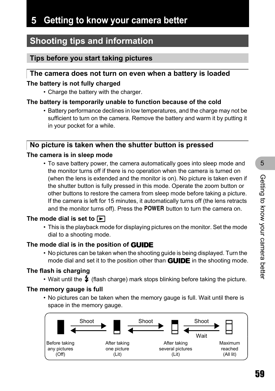 Getting to know your camera better, Shooting tips and information, Tips before you start taking pictures | 5 getting to know your camera better, Ab c d | Olympus M 710 User Manual | Page 59 / 86