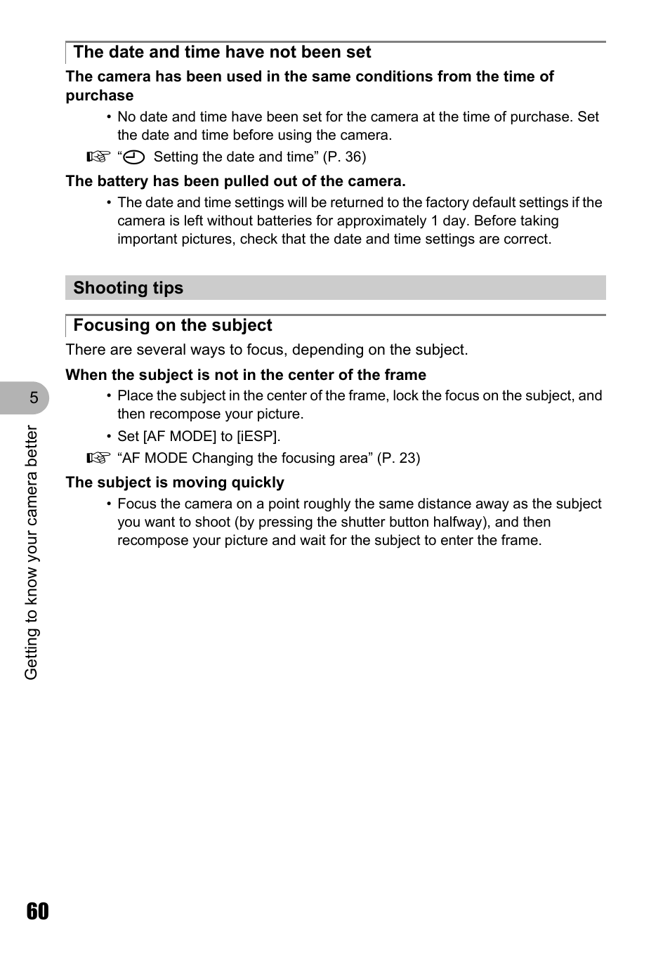 The date and time have not been set, Shooting tips, Focusing on the subject | Olympus M 710 User Manual | Page 60 / 86