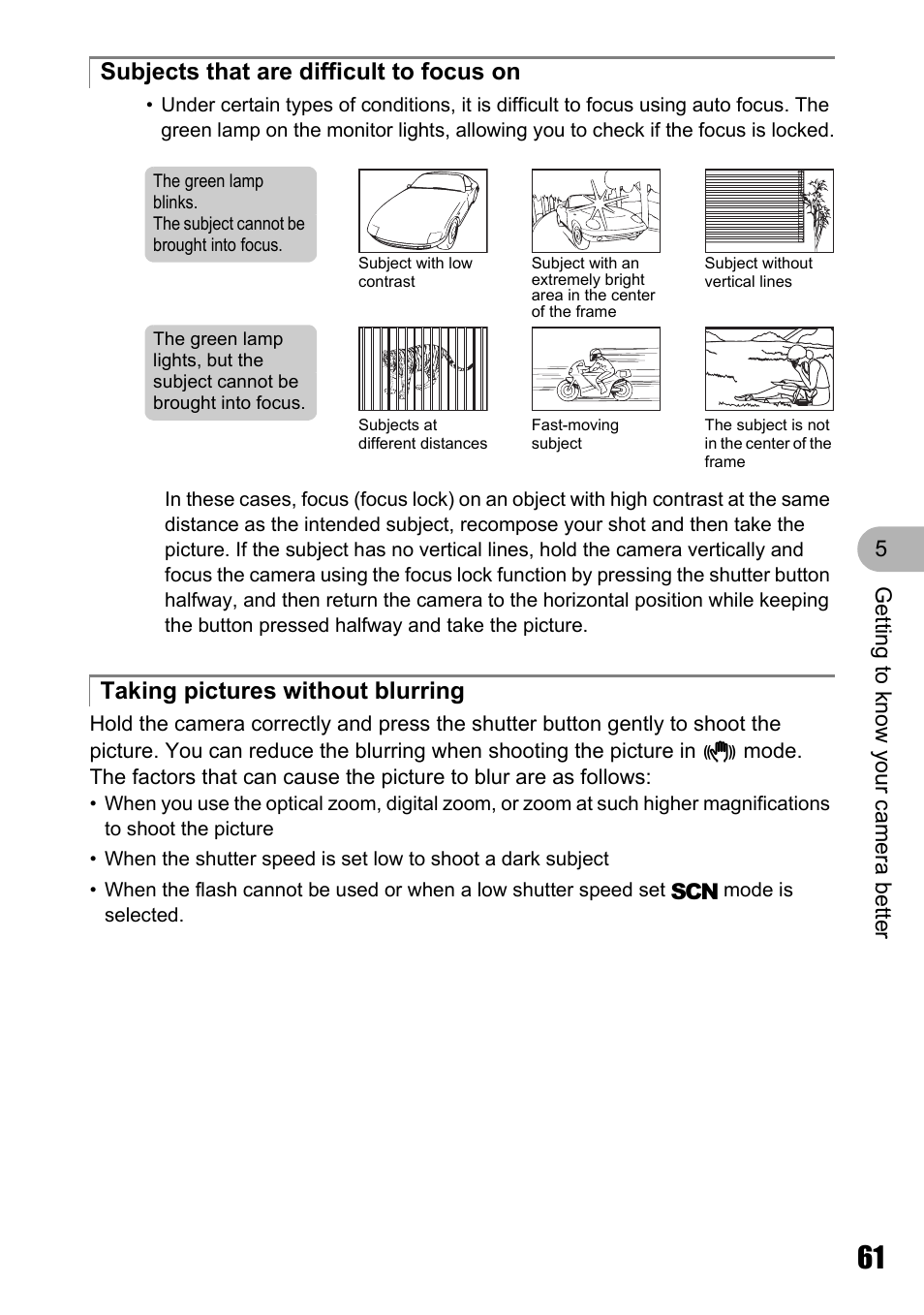 Subjects that are difficult to focus on, Taking pictures without blurring | Olympus M 710 User Manual | Page 61 / 86