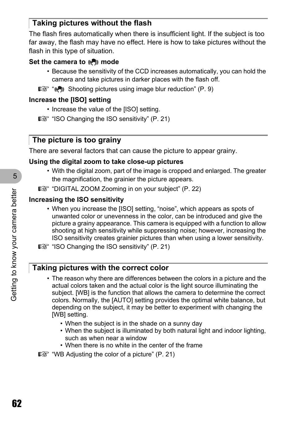 Taking pictures without the flash, The picture is too grainy, Taking pictures with the correct color | Olympus M 710 User Manual | Page 62 / 86