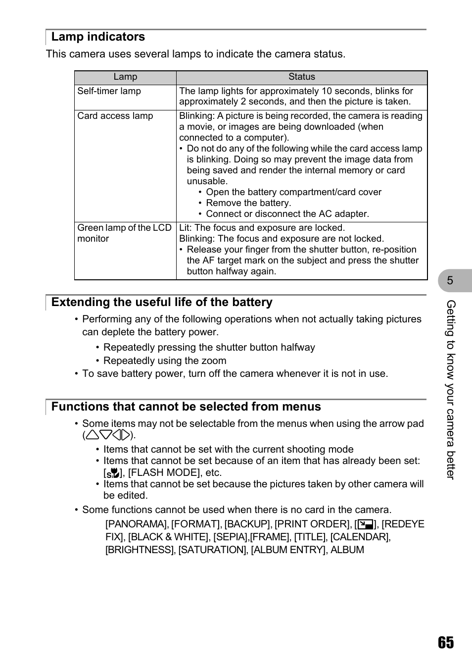 Lamp indicators, Extending the useful life of the battery, Functions that cannot be selected from menus | Olympus M 710 User Manual | Page 65 / 86