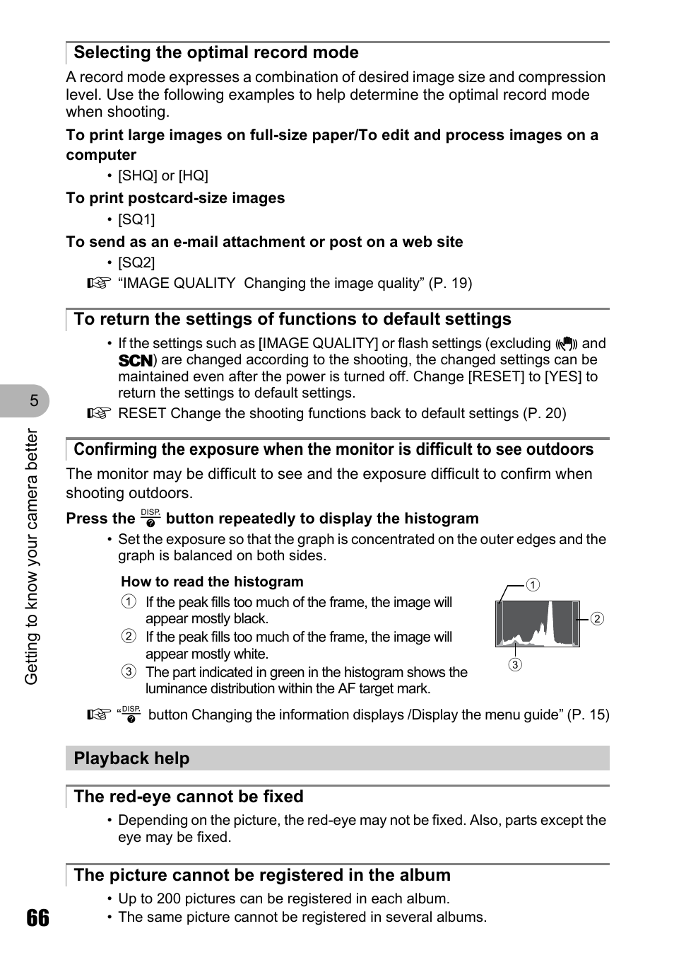 Selecting the optimal record mode, Playback help, The red-eye cannot be fixed | The picture cannot be registered in the album | Olympus M 710 User Manual | Page 66 / 86