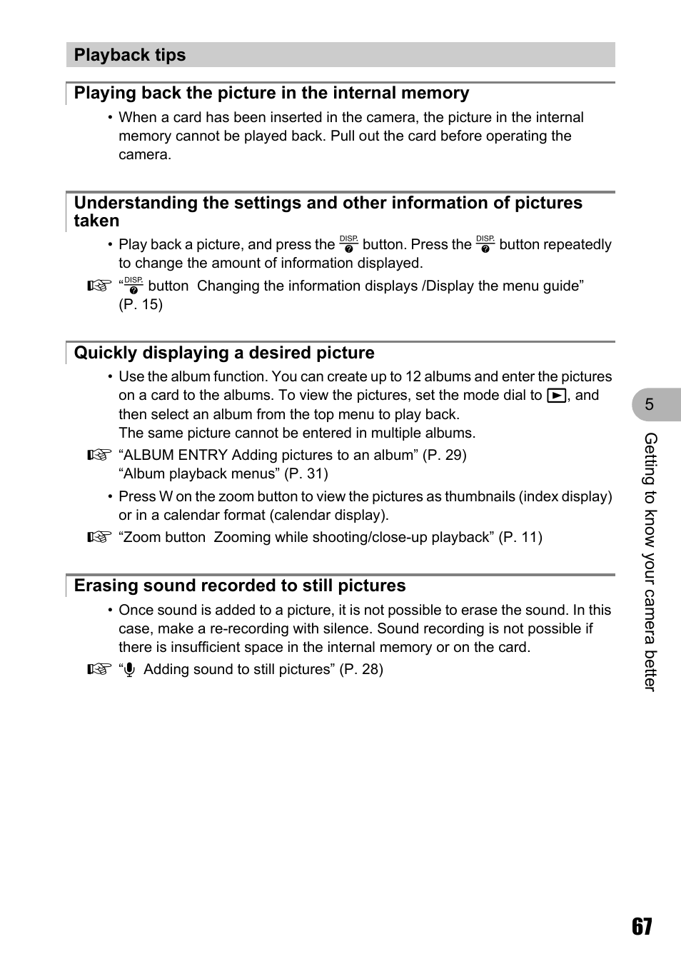 Playback tips, Playing back the picture in the internal memory, Quickly displaying a desired picture | Erasing sound recorded to still pictures | Olympus M 710 User Manual | Page 67 / 86