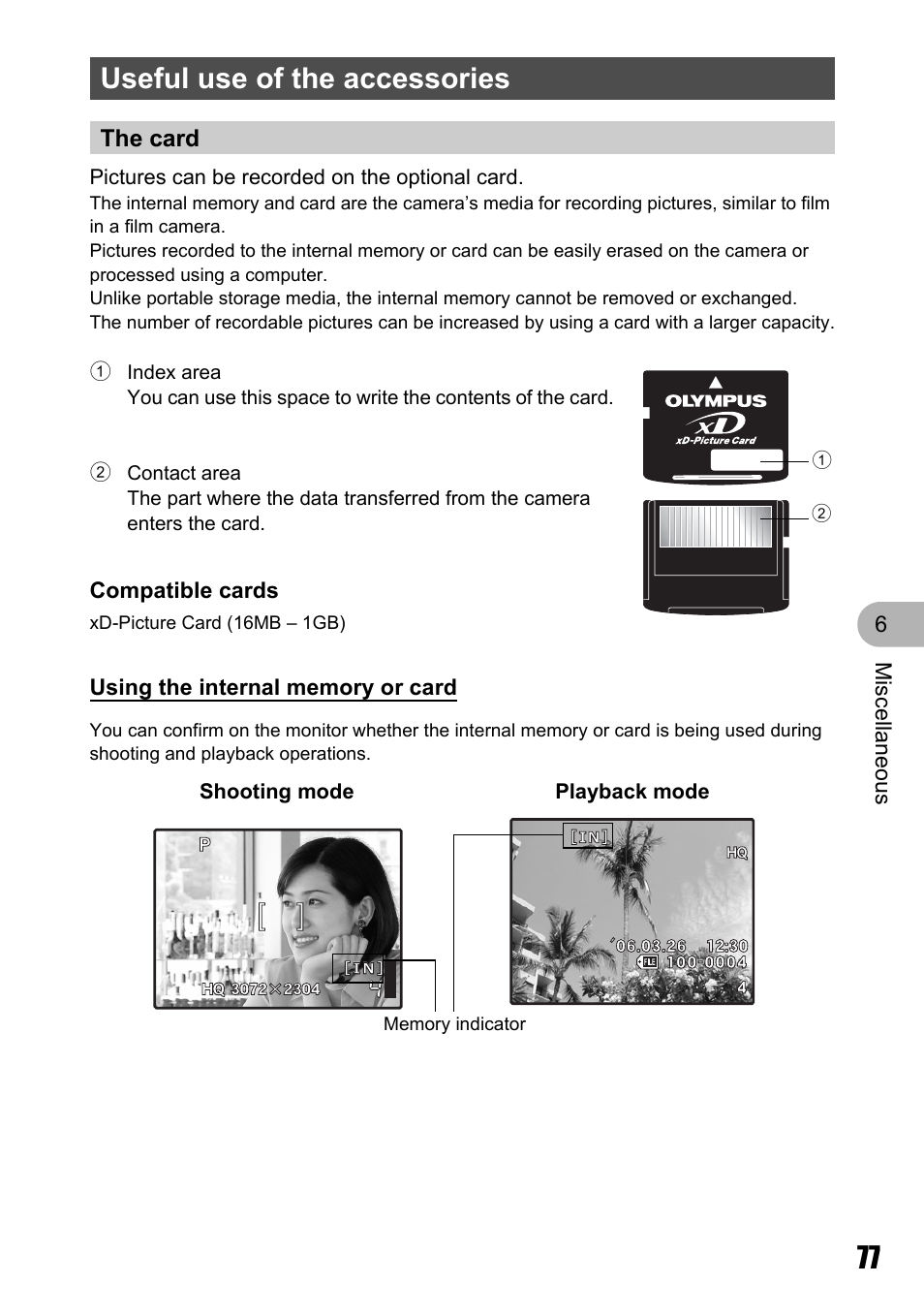 Useful use of the accessories, The card, The card” (p. 77) | Olympus M 710 User Manual | Page 77 / 86