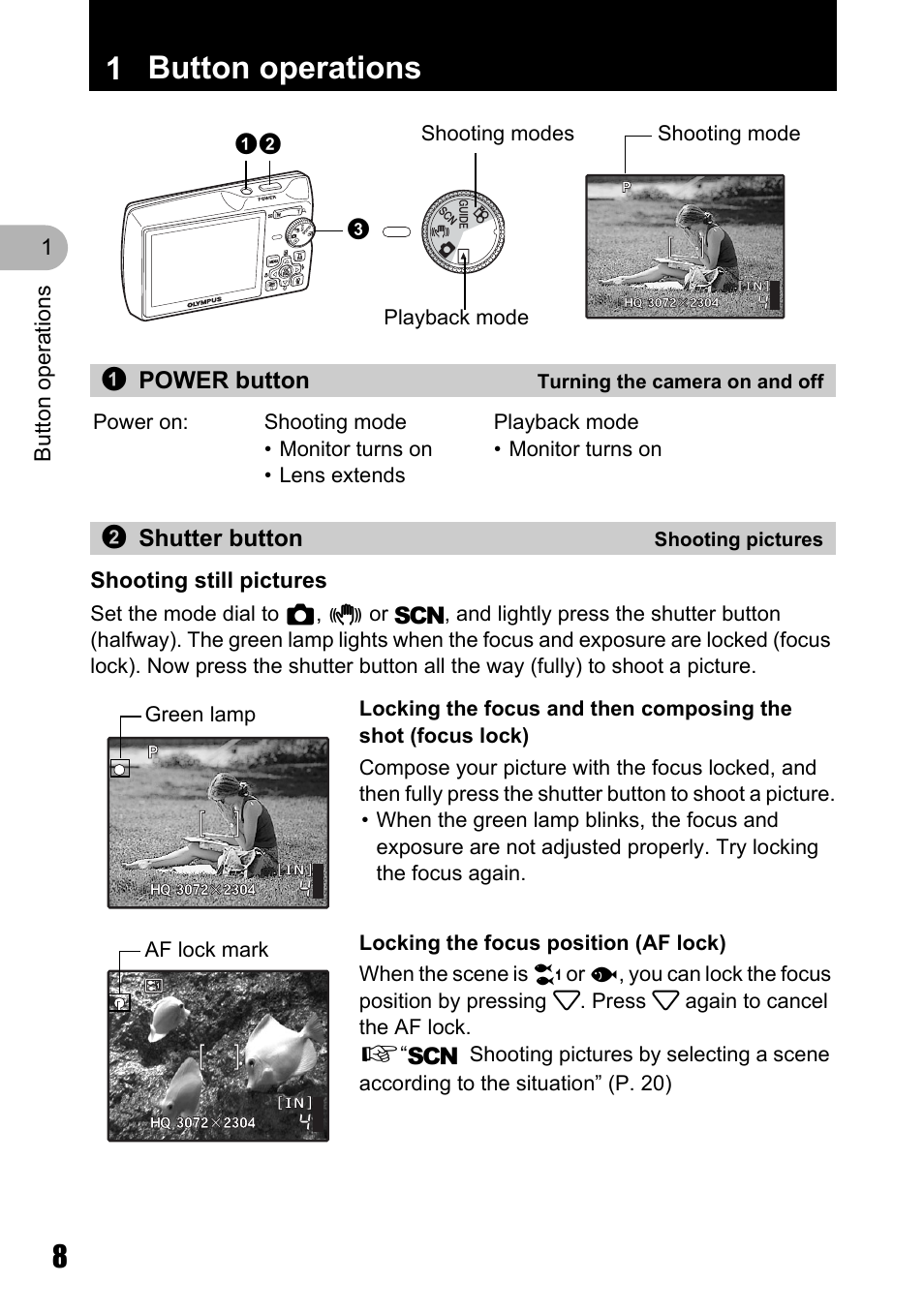 Button operations, Turning the camera on and off, Shooting pictures | 1 button operations, 1power button, 2shutter button | Olympus M 710 User Manual | Page 8 / 86