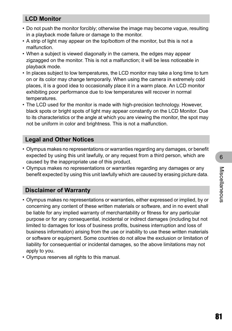 Lcd monitor, Legal and other notices, Disclaimer of warranty | Olympus M 710 User Manual | Page 81 / 86