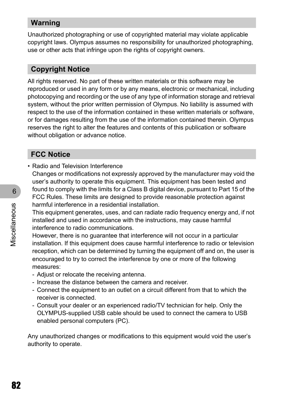 Warning, Copyright notice, Fcc notice | Olympus M 710 User Manual | Page 82 / 86