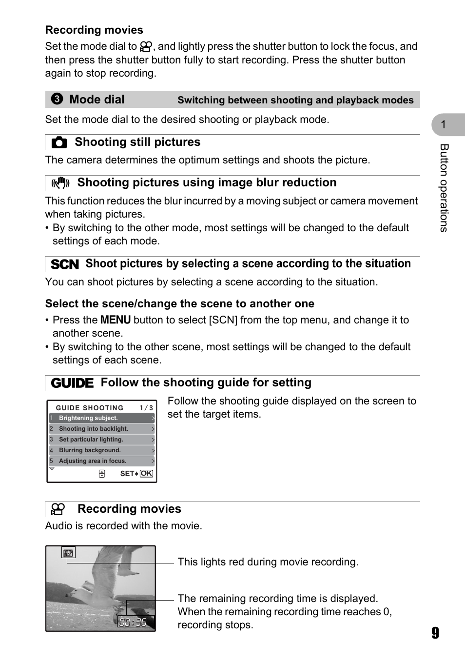 Switching between shooting and playback modes, Shooting still pictures, Shooting pictures using image blur reduction | Follow the shooting guide for setting, Recording movies, 3mode dial, But ton operat ions 1 recording movies, Select the scene/change the scene to another one | Olympus M 710 User Manual | Page 9 / 86