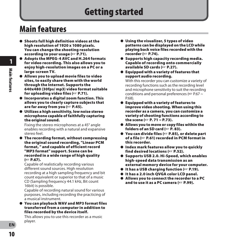 Getting started, Main features | Olympus LS-20M User Manual | Page 10 / 112