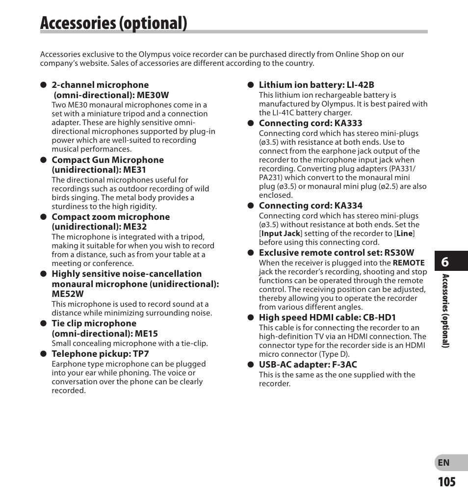 Accessories (optional) | Olympus LS-20M User Manual | Page 105 / 112